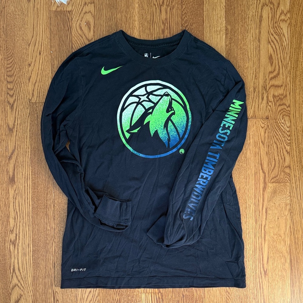 Nike Black Long-Sleeve Shirt with Green and Blue Timberwolves Logo